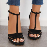 Suisecloths Block Chunky High Dress Heels Open Toe Ankle T-Strap Sandals Oshnow